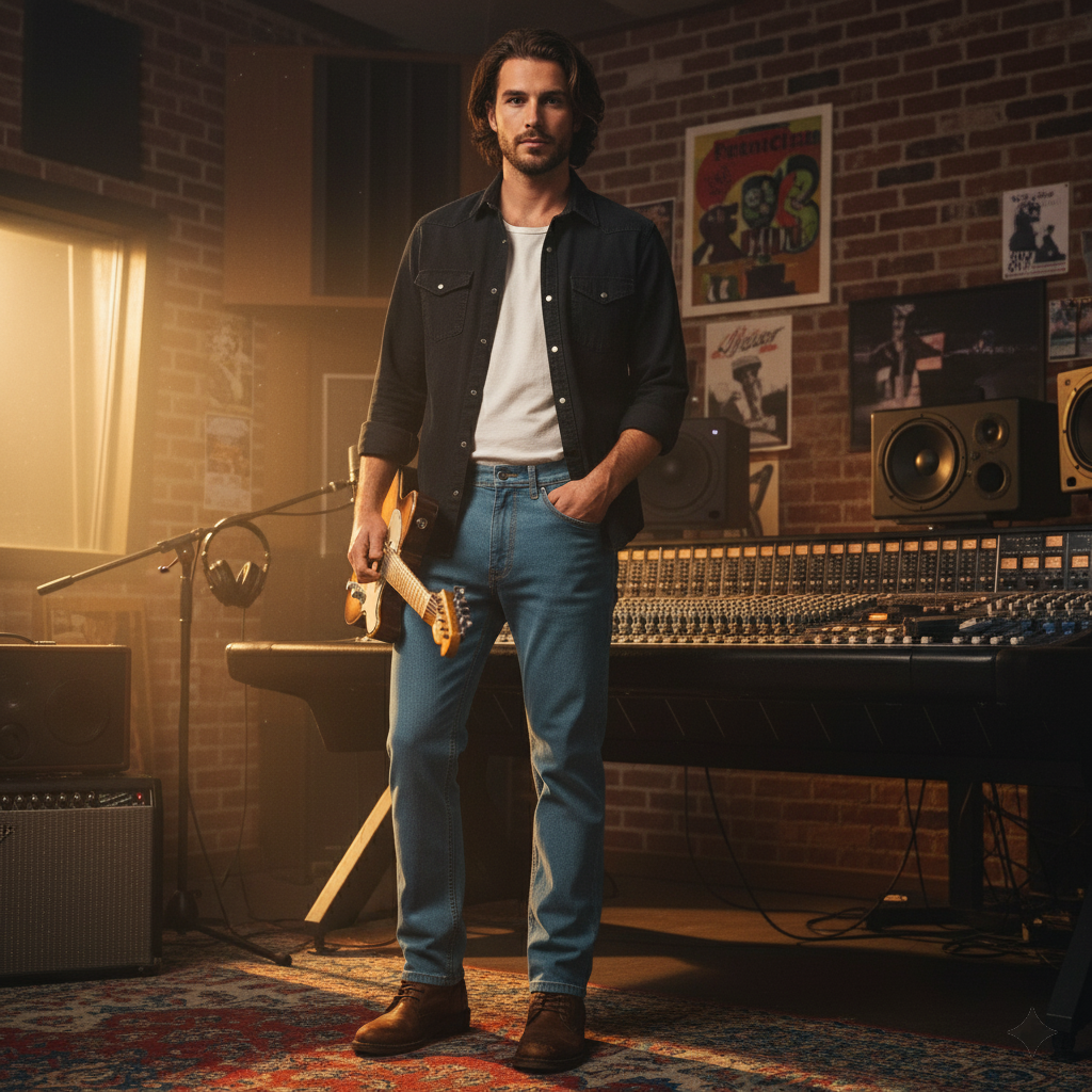 شلوار جین راسته مردانه رانگلر رنگ آبی روشن نخ دوخت طلایی مدل JR-ART