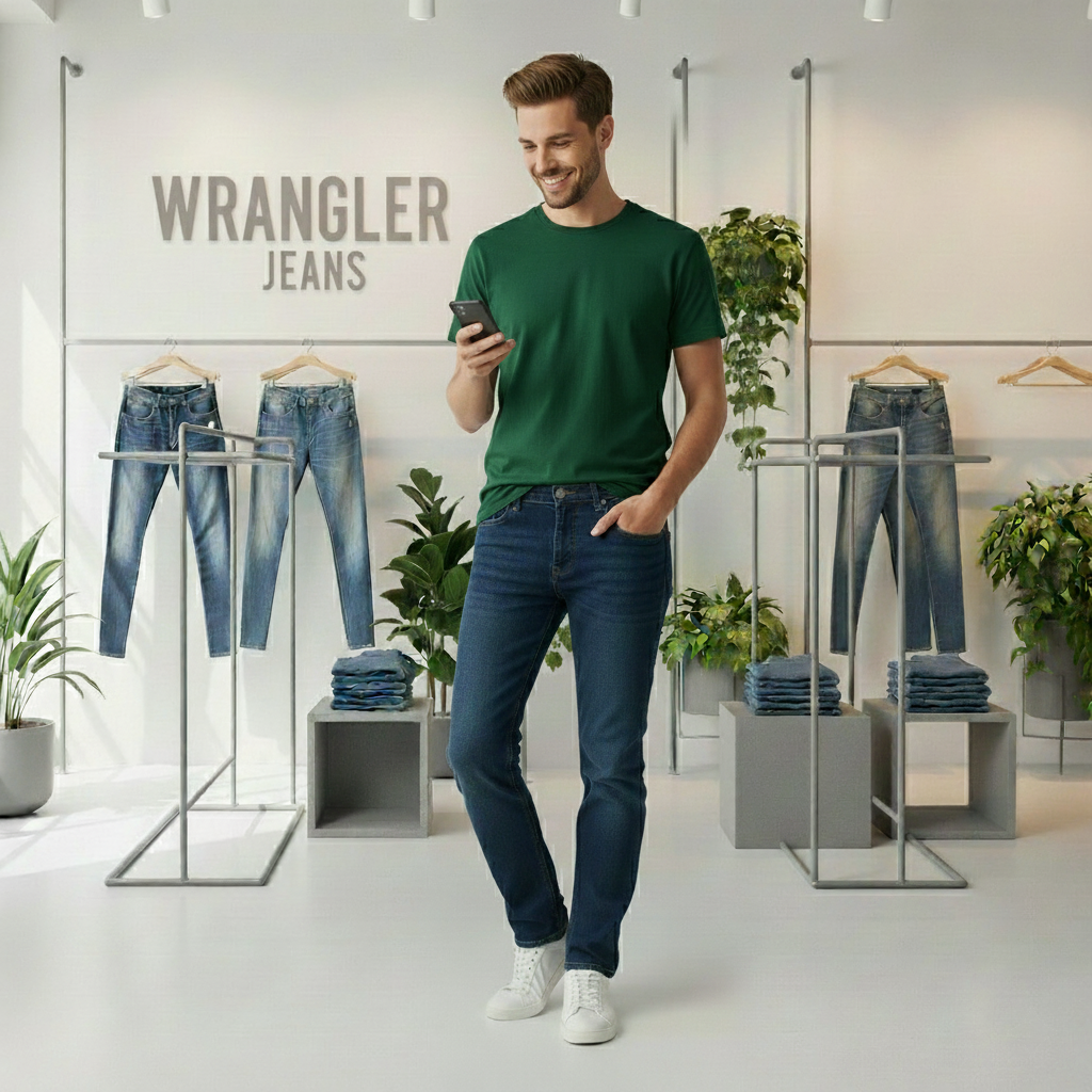 شلوار جین راسته مردانه نخ پنبه رانگلر رنگ آبی کاربنی نخ دوخت طلایی مدل JRP-ACT