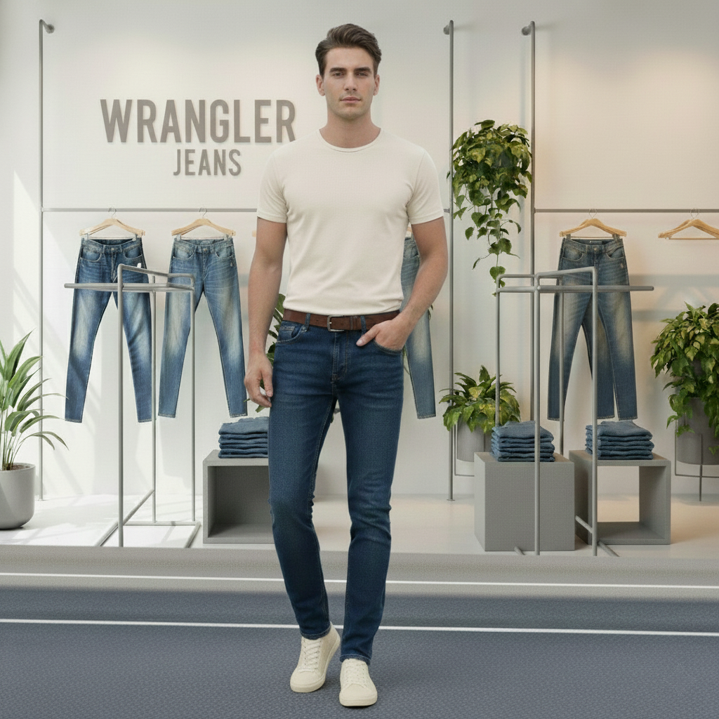 شلوار جین راسته مردانه نخ پنبه رانگلر رنگ اقیانوسی نخ دوخت طلایی مدل JRP-OT